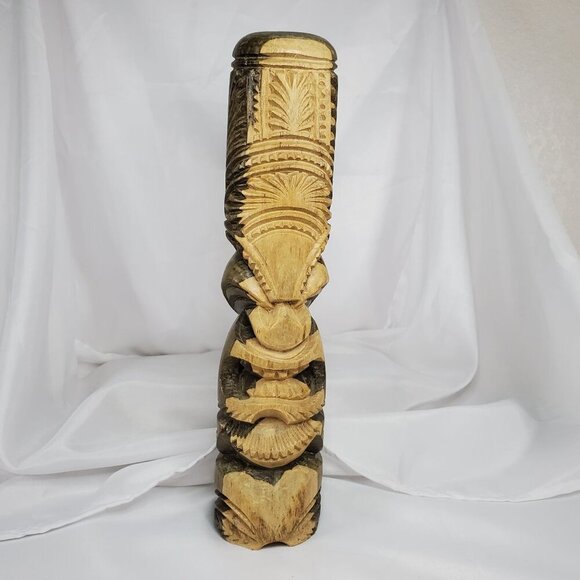 Hawaiian Tiki Totem 14.5" Hibiscus Wood Hand carved Intricate Tribal Design - Picture 2 of 15